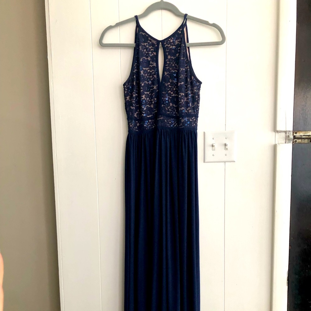 Navy blue gown with sequins
